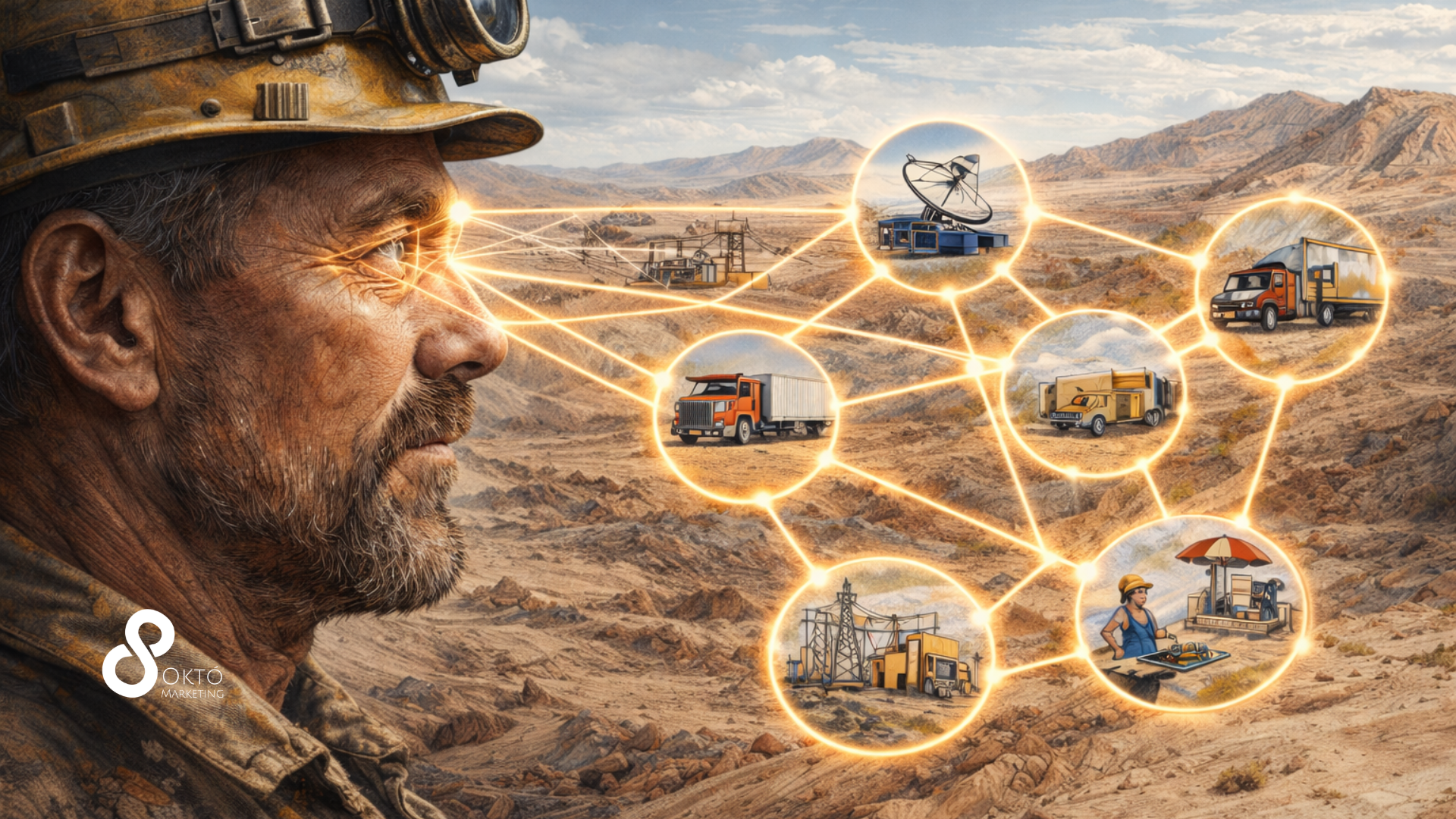 Minero con casco observando una red digital que representa el ecosistema de proveedores mineros en el desierto de Antofagasta, Chile.