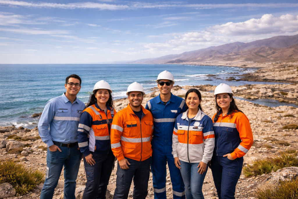 Equipo de profesionales del sector minero en Antofagasta junto al mar representando la red de proveedores Pymemin
