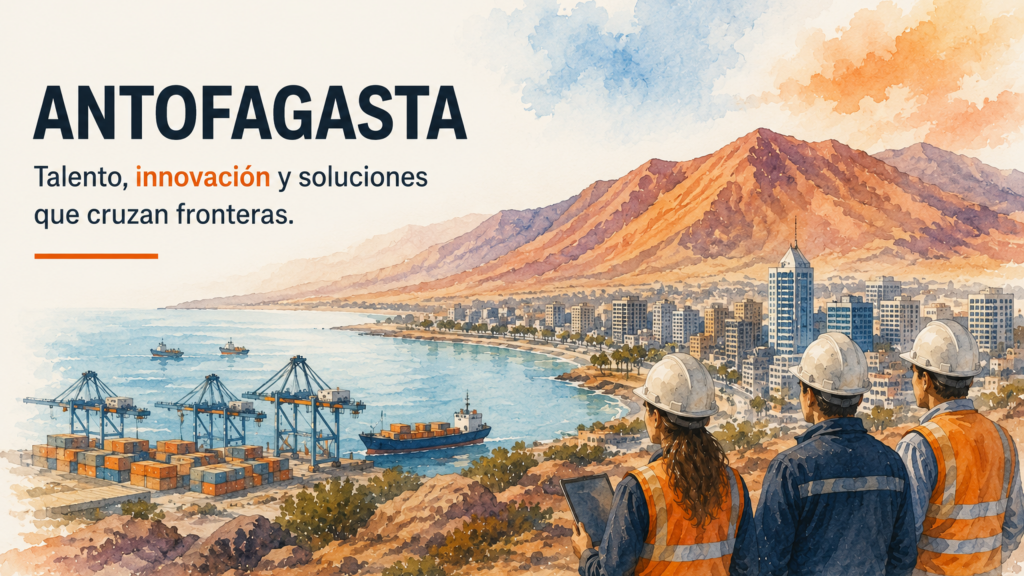 Proveedores mineros de Antofagasta observan la ciudad y su puerto, representando la internacionalización de soluciones desarrolladas para la minería.