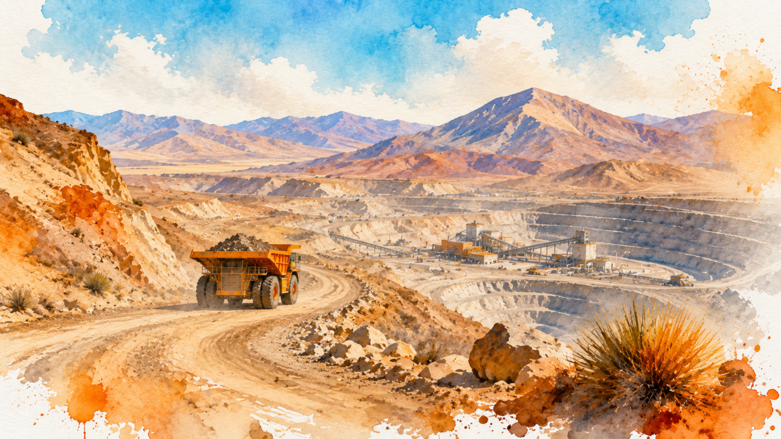 Ilustración en acuarela de una operación minera en el desierto de Atacama con un camión de extracción y una planta de procesamiento al fondo, representando las oportunidades que genera el proyecto Lobo-Marte para los proveedores de la minería.