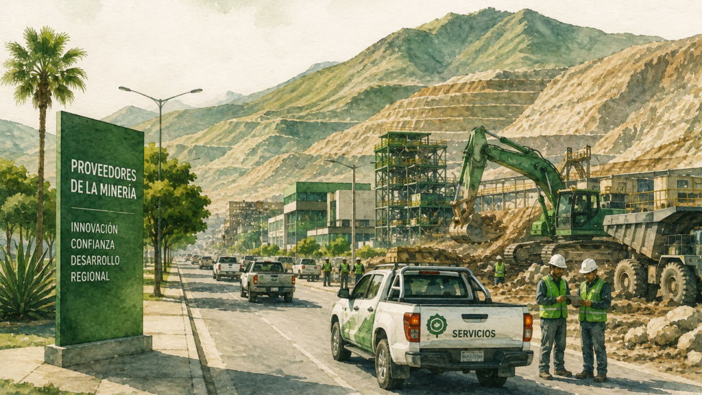 Proveedores mineros circulan y trabajan en una operación minera de Antofagasta, representando el crecimiento de la compra local en la región.