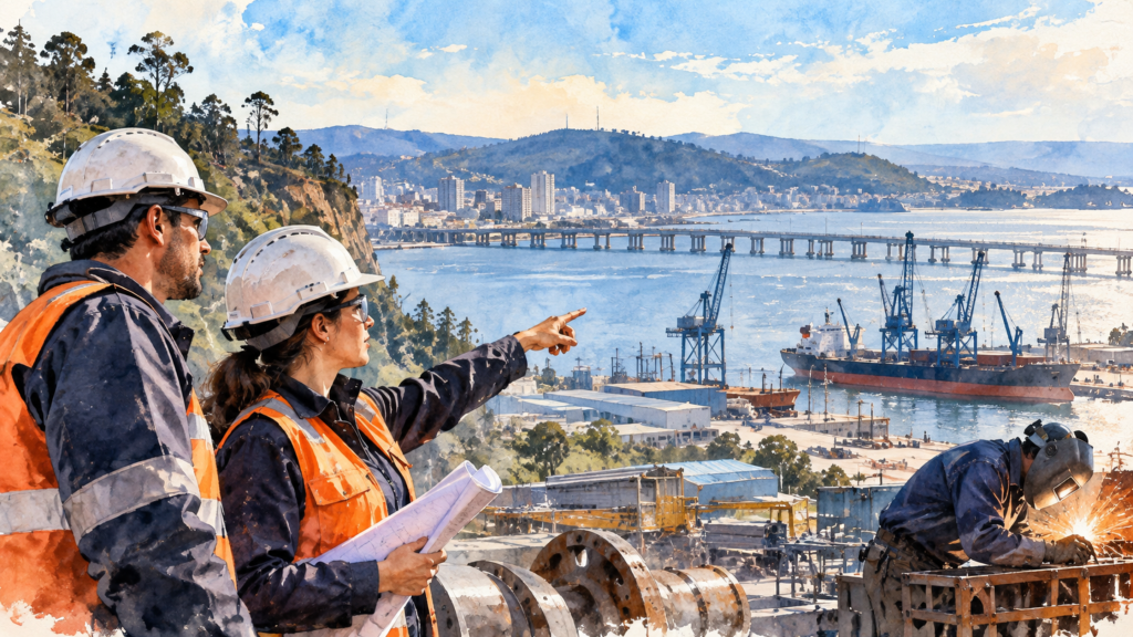 Proveedores industriales en el Biobío frente a una zona portuaria e industrial, representando nuevas oportunidades vinculadas a la minería en Chile.